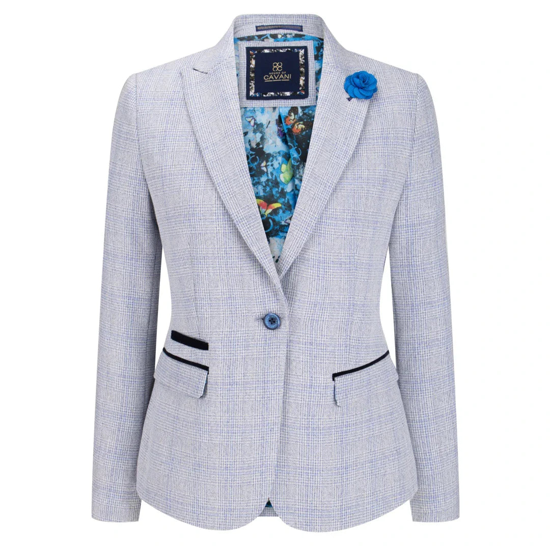 Women Light Blue Wool Blend Herringbone Blazer