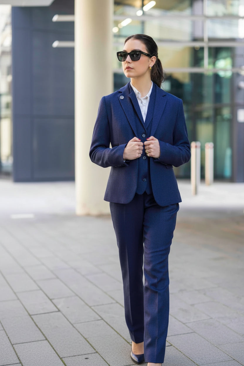Woman in a blue suit standing outdoors with modern building in the background