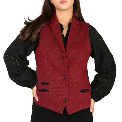 Women's Tweed Herringbone Waistcoat Blazer Jacket Wine Red Classic 1920s