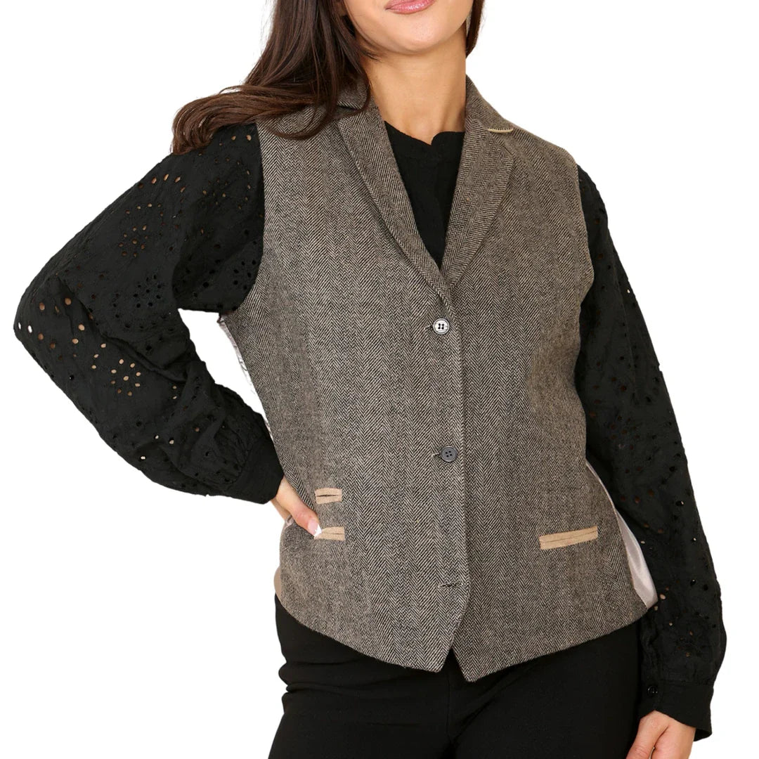 Women's Herringbone Tweed Waistcoat Blazer Oak Brown Classic Jacket