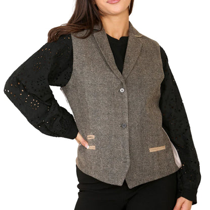 Women's Herringbone Tweed Waistcoat Blazer Oak Brown Classic Jacket
