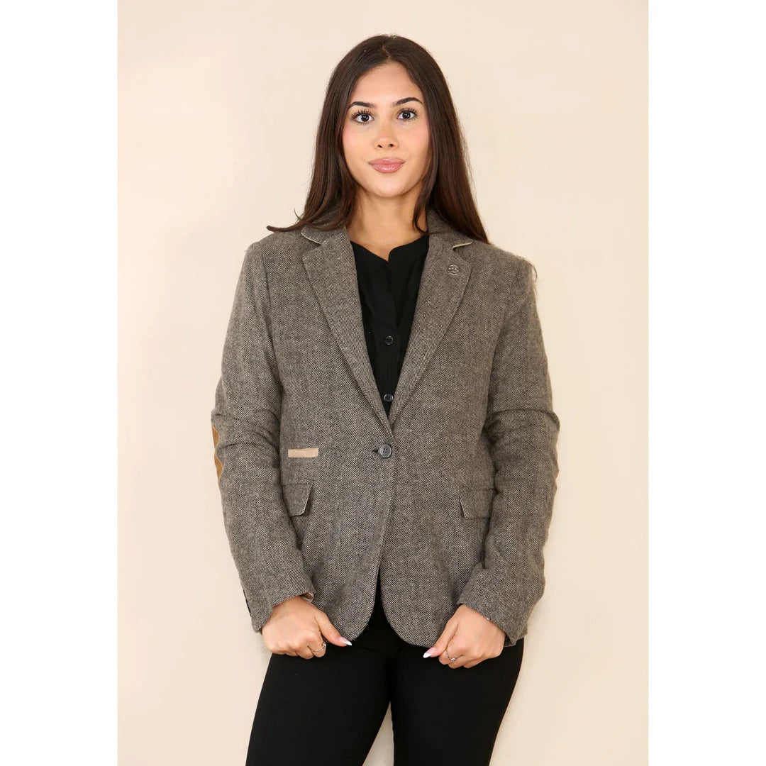 Women's Herringbone Tweed Waistcoat Blazer Oak Brown Classic Jacket