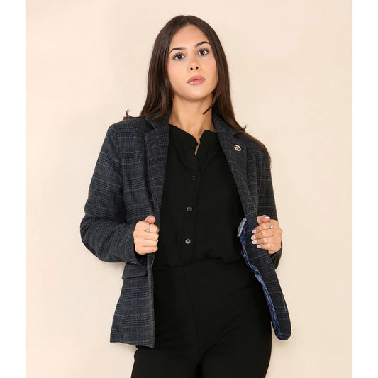 Women's Tweed Check Waistcoat Blazer Blue Suit