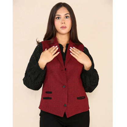 Women's Tweed Herringbone Waistcoat Blazer Jacket Wine Red Classic 1920s