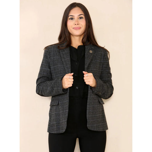 Women's Tweed Check Waistcoat Blazer Grey Suit
