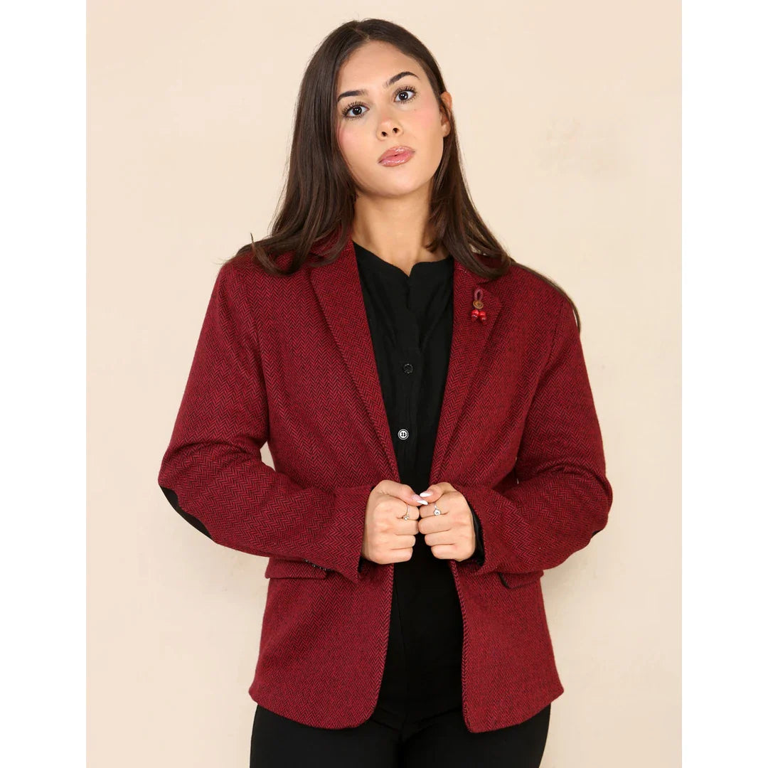 Women's Tweed Herringbone Waistcoat Blazer Jacket Wine Red Classic 1920s