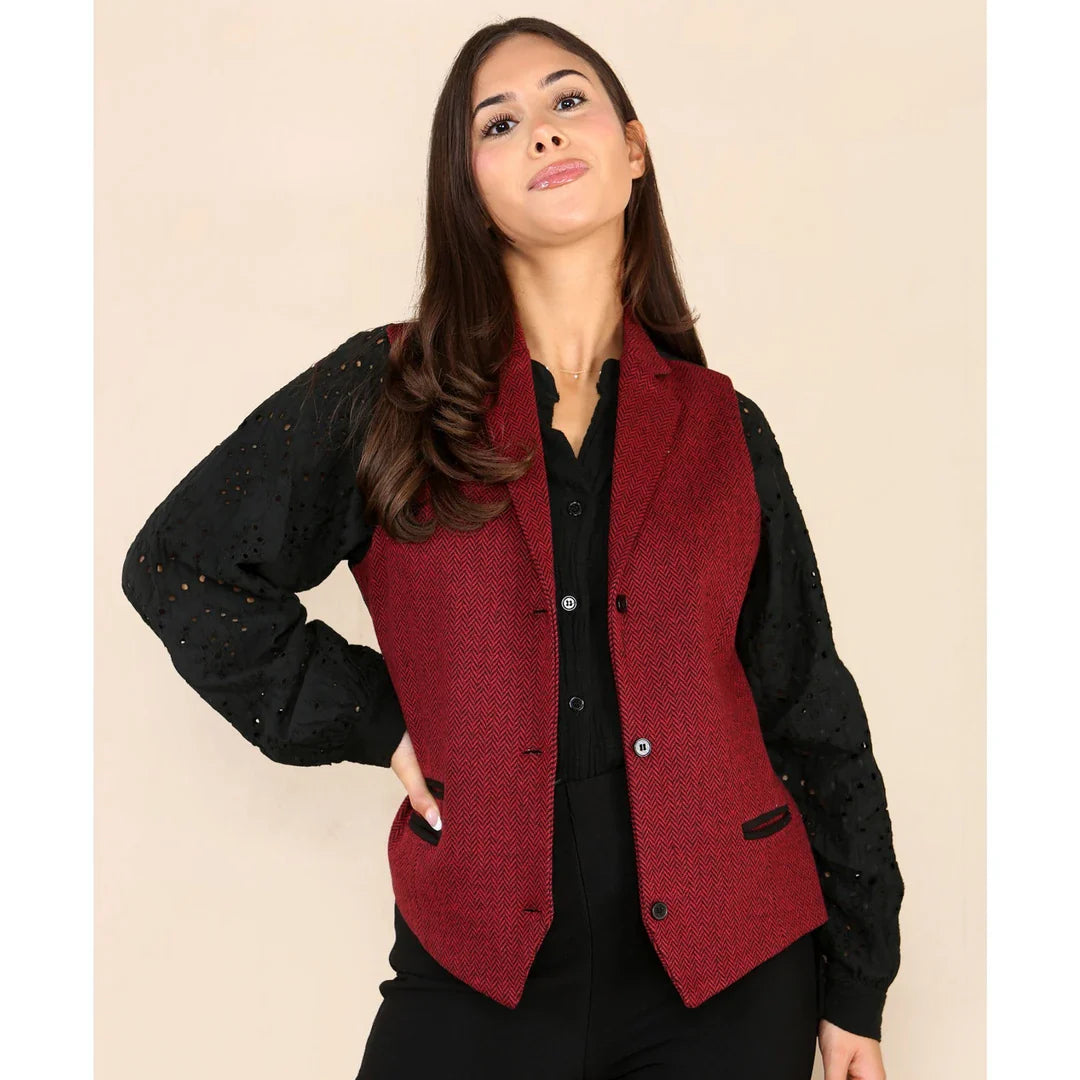 Women's Tweed Herringbone Waistcoat Blazer Jacket Wine Red Classic 1920s