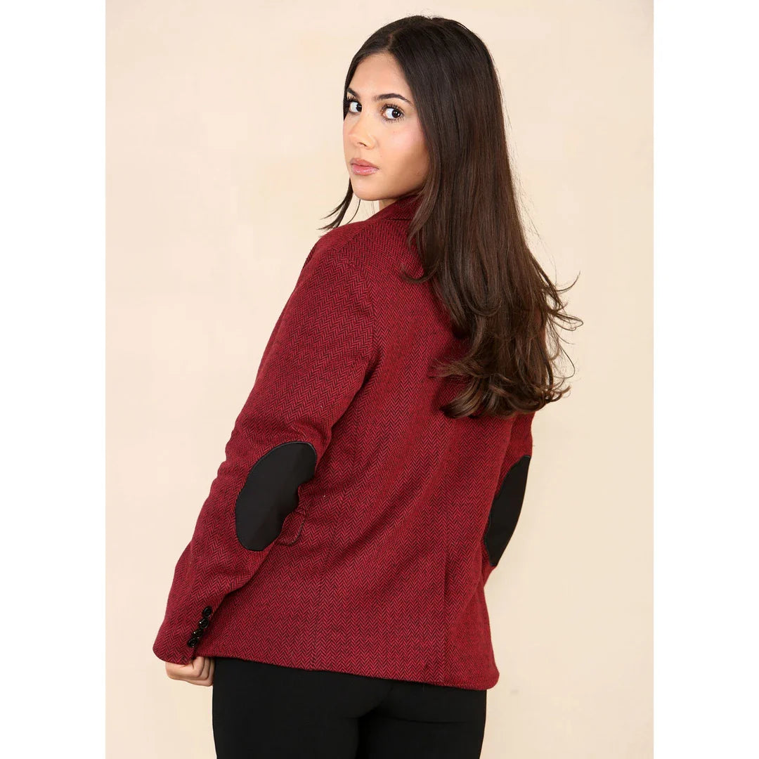 Women's Tweed Herringbone Waistcoat Blazer Jacket Wine Red Classic 1920s