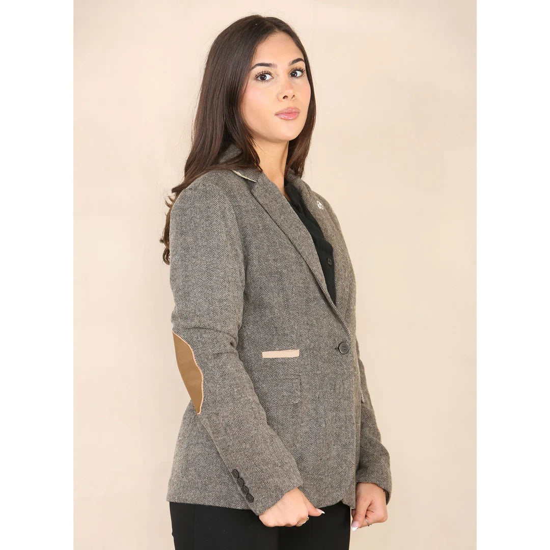 Women's Herringbone Tweed Waistcoat Blazer Oak Brown Classic Jacket