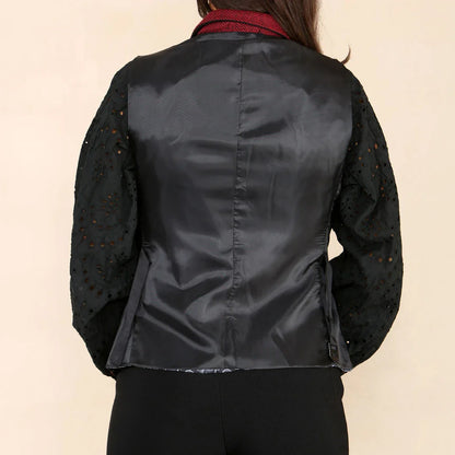 Women's Tweed Herringbone Waistcoat Blazer Jacket Wine Red Classic 1920s