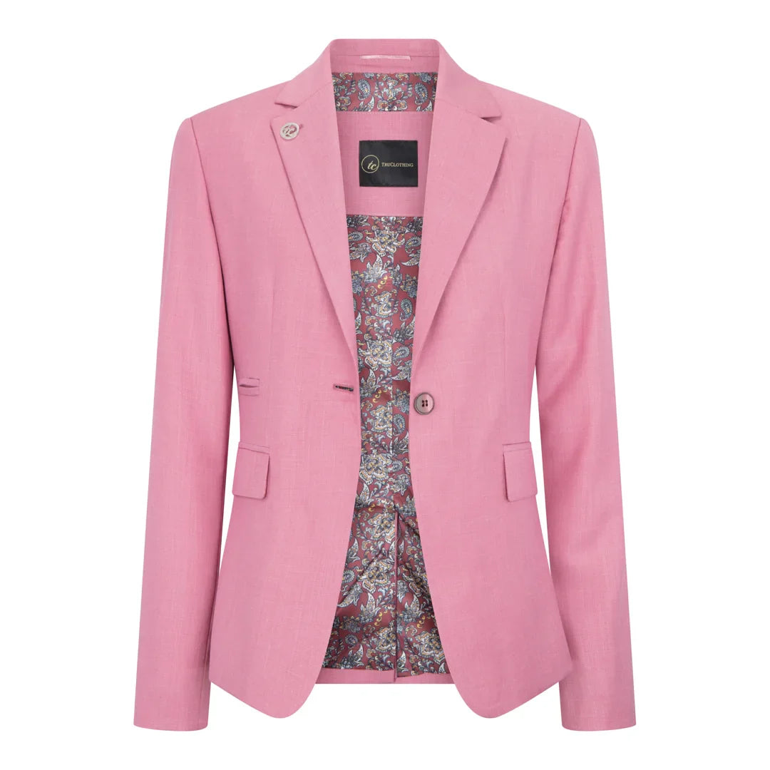 Pink blazer with floral lining on a white background