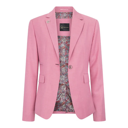 Pink blazer with floral lining on a white background