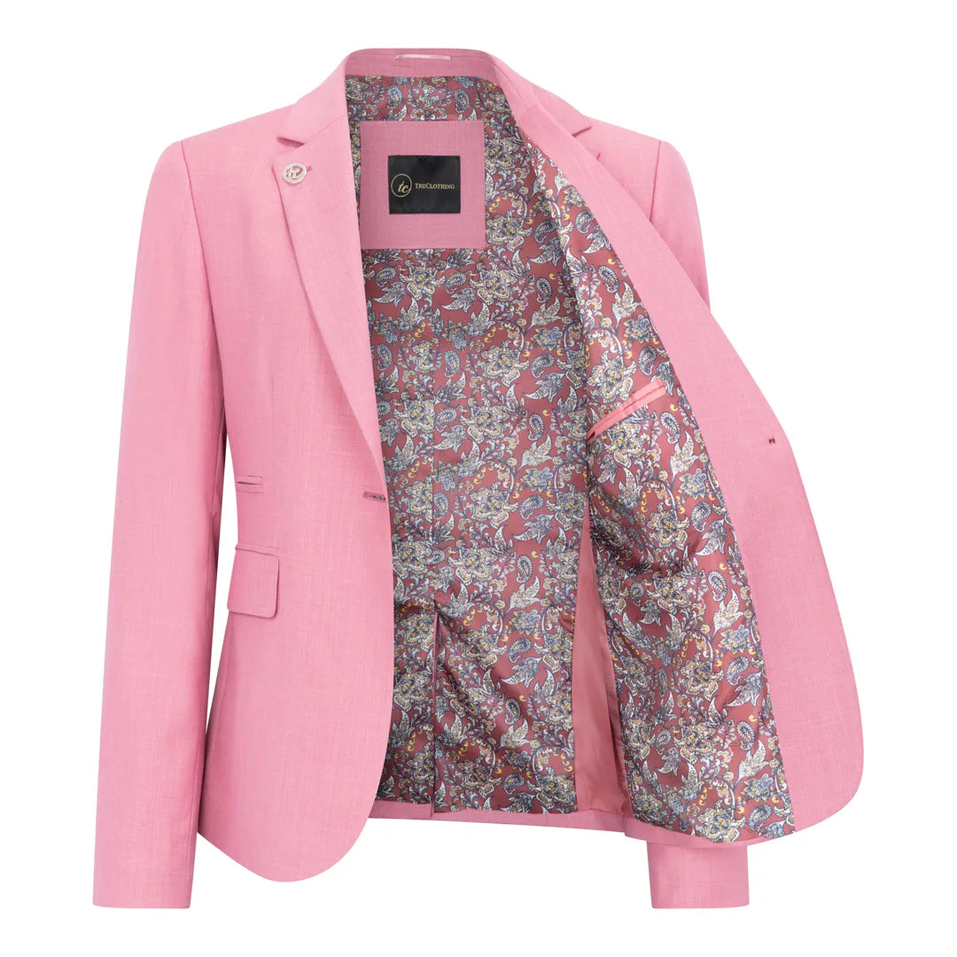 Pink blazer with floral lining on a white background