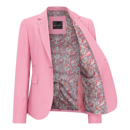 Pink blazer with floral lining on a white background