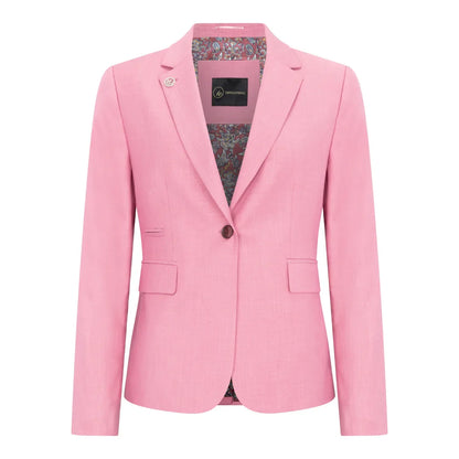 Pink blazer with floral lining on a white background