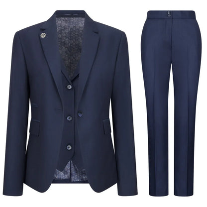 Navy blue suit jacket and pants on a white background