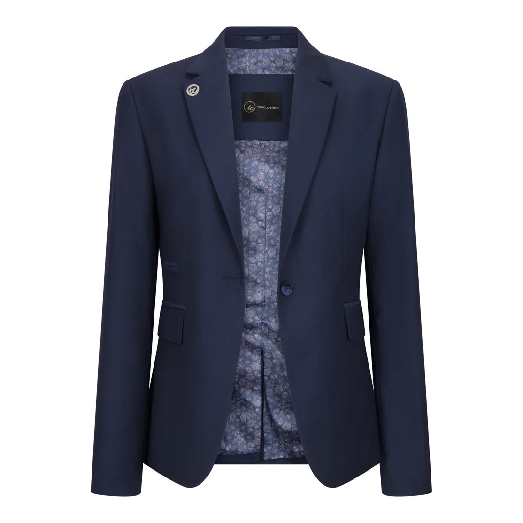 Navy blue blazer with a patterned shirt underneath on a white background