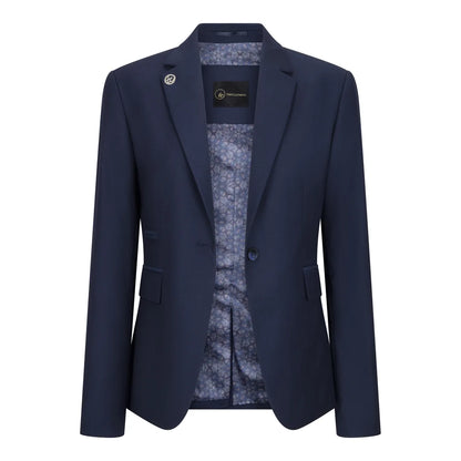 Navy blue blazer with a patterned shirt underneath on a white background