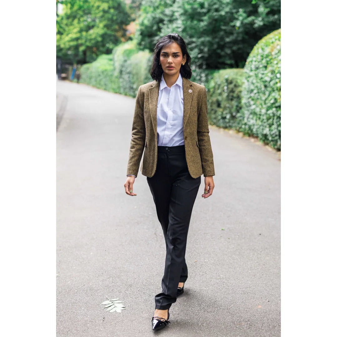 Women's Elegant Wool Blend Brown Tweed Blazer