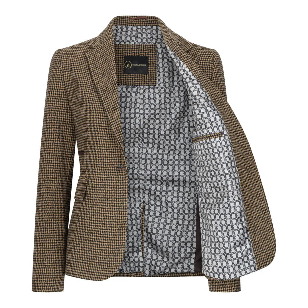 Women's Elegant Wool Blend Brown Tweed Blazer