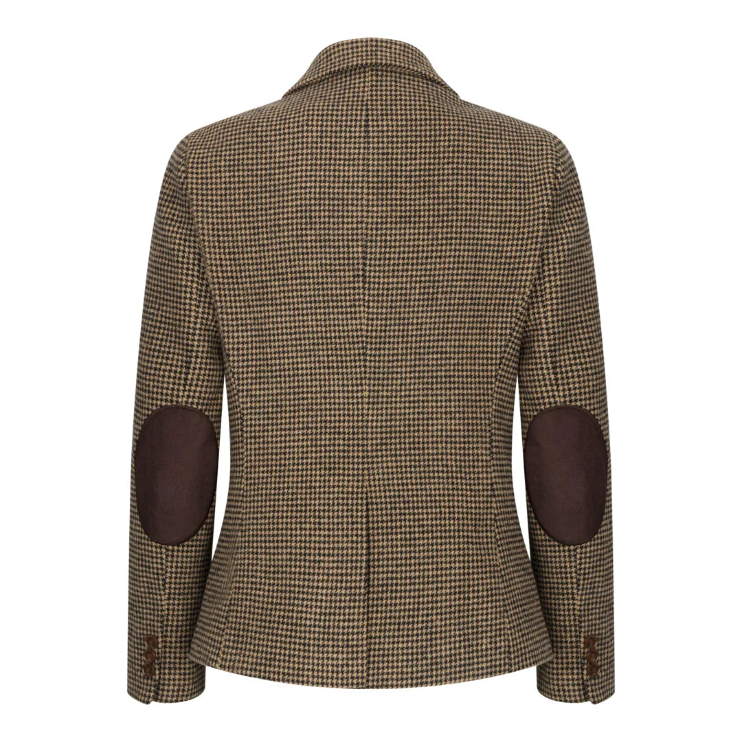 Houndstooth patterned jacket with brown elbow patches on a white background
