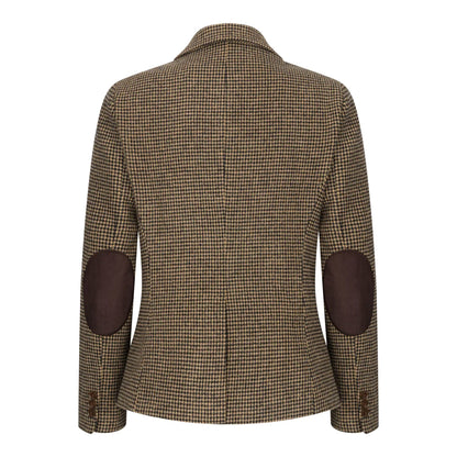 Houndstooth patterned jacket with brown elbow patches on a white background