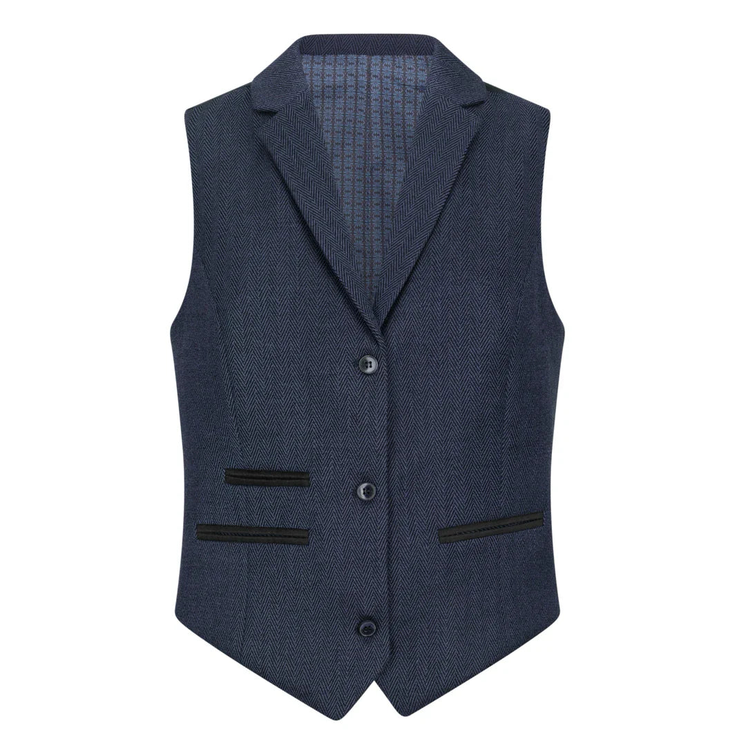 Blue textured vest with buttons on a white background