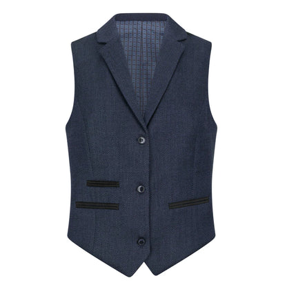 Blue textured vest with buttons on a white background