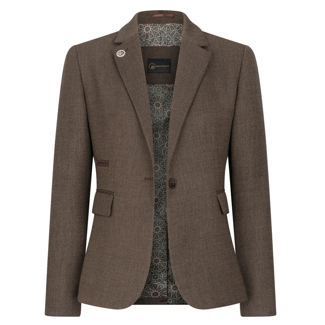 Brown blazer with patterned shirt underneath on a white background
