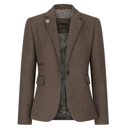 Brown blazer with patterned shirt underneath on a white background