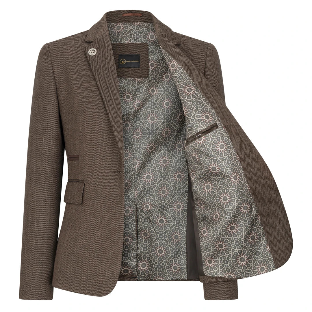 Brown blazer with patterned lining on a white background