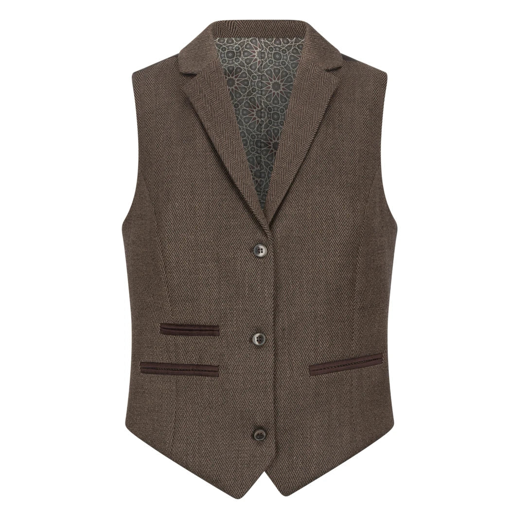 Brown vest with patterned lining on a white background