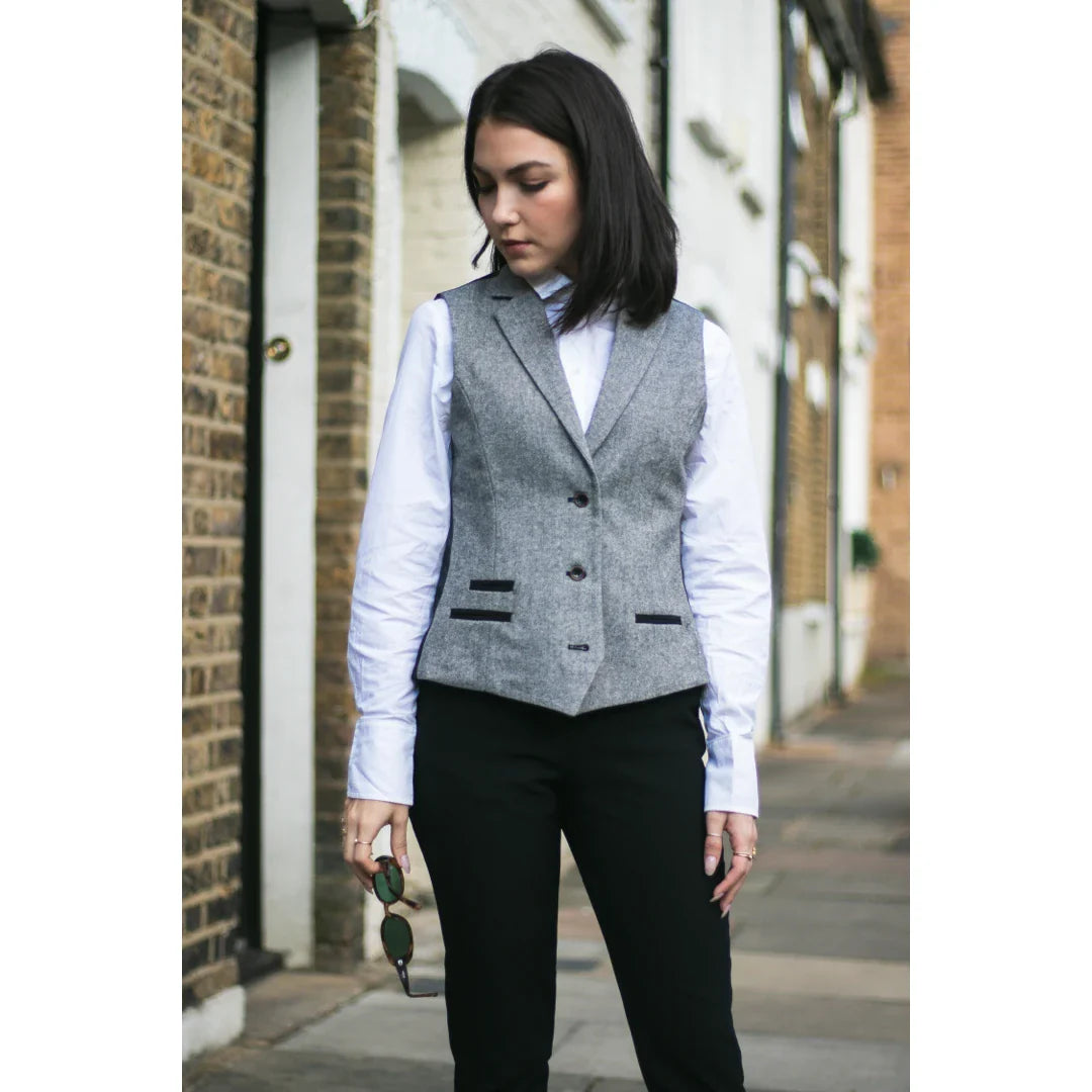 Women's Tweed Grey Blazer Jacket Waistcoat Elow Patch Peaky 1920s