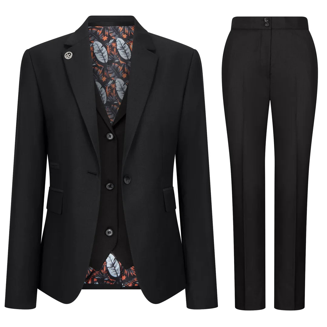 Black suit with floral patterned vest and pants on a white background