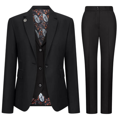 Black suit with floral patterned vest and pants on a white background