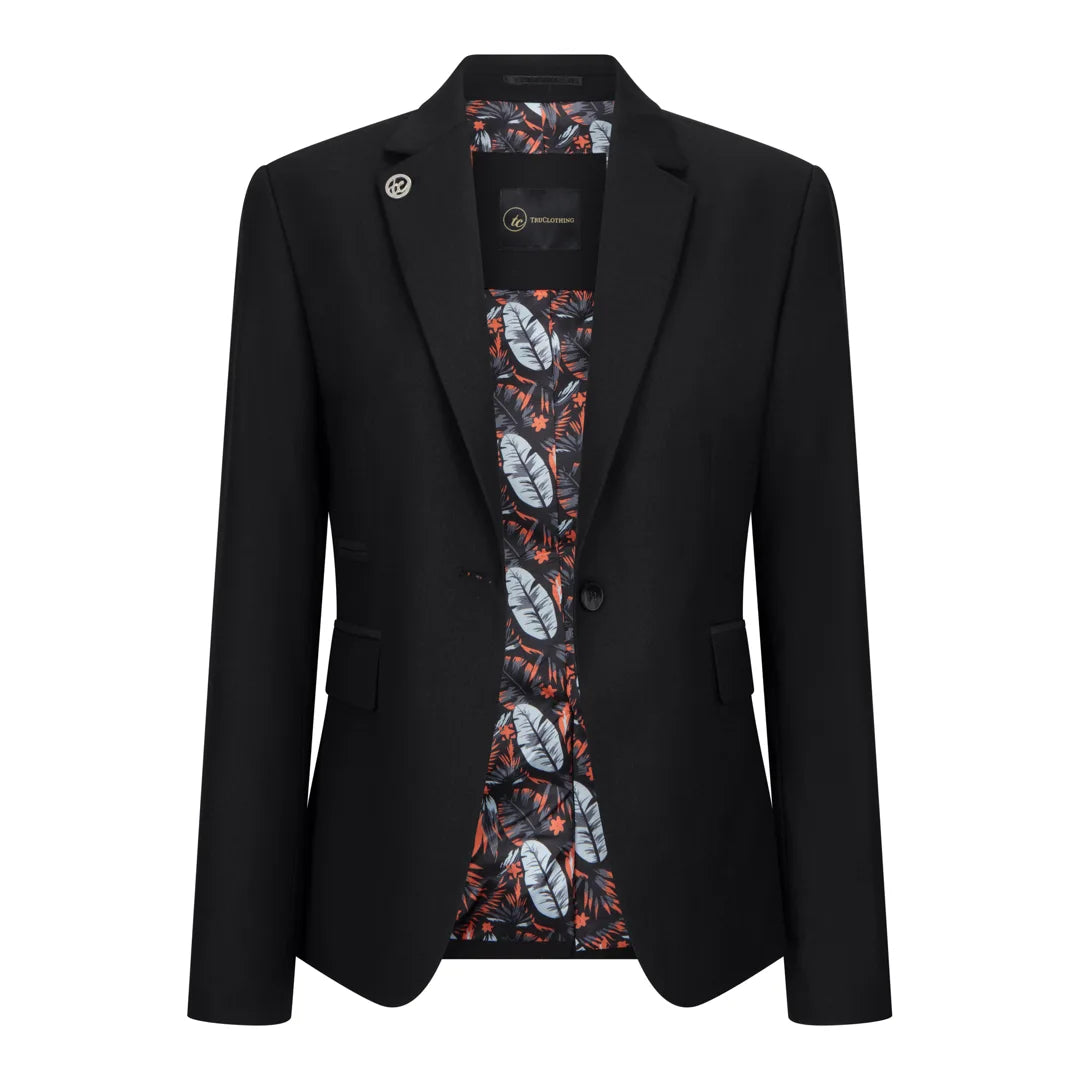 Black blazer with floral pattern lining on a white background