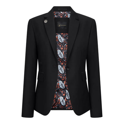 Black blazer with floral pattern lining on a white background