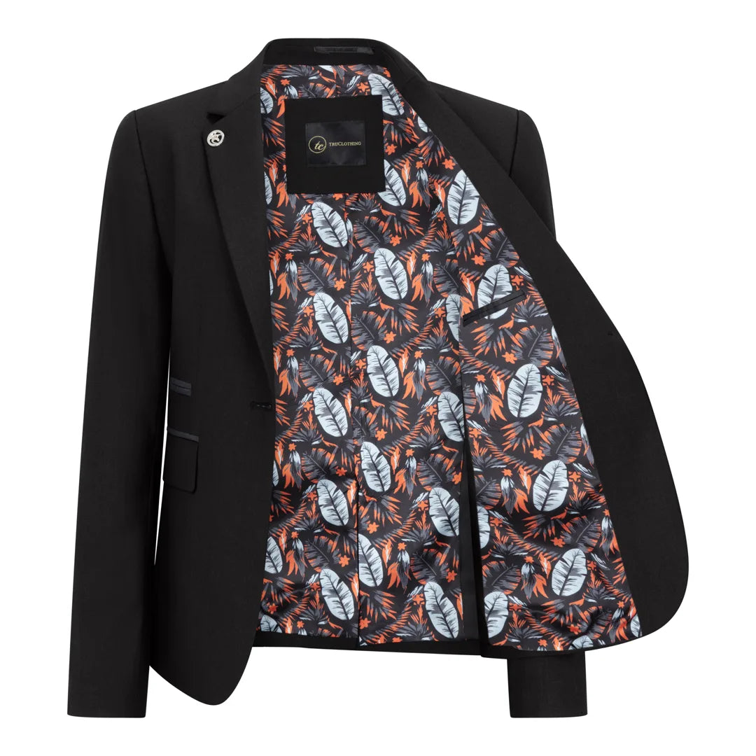 Black blazer with a patterned lining on a white background