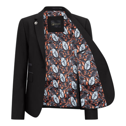 Black blazer with a patterned lining on a white background