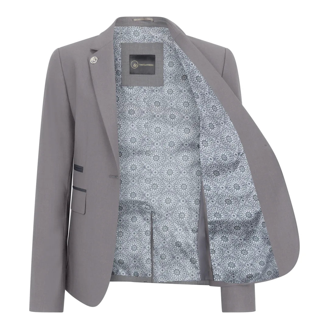 Gray blazer with a patterned lining on a white background