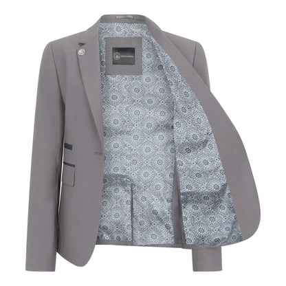 Gray blazer with a patterned lining on a white background