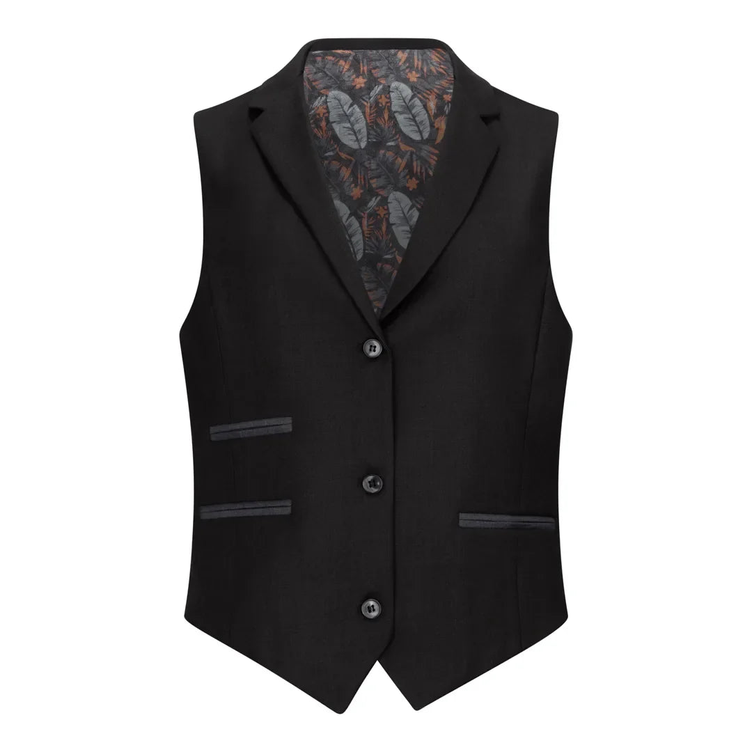 Black vest with a patterned lining on a white background