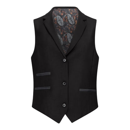 Black vest with a patterned lining on a white background