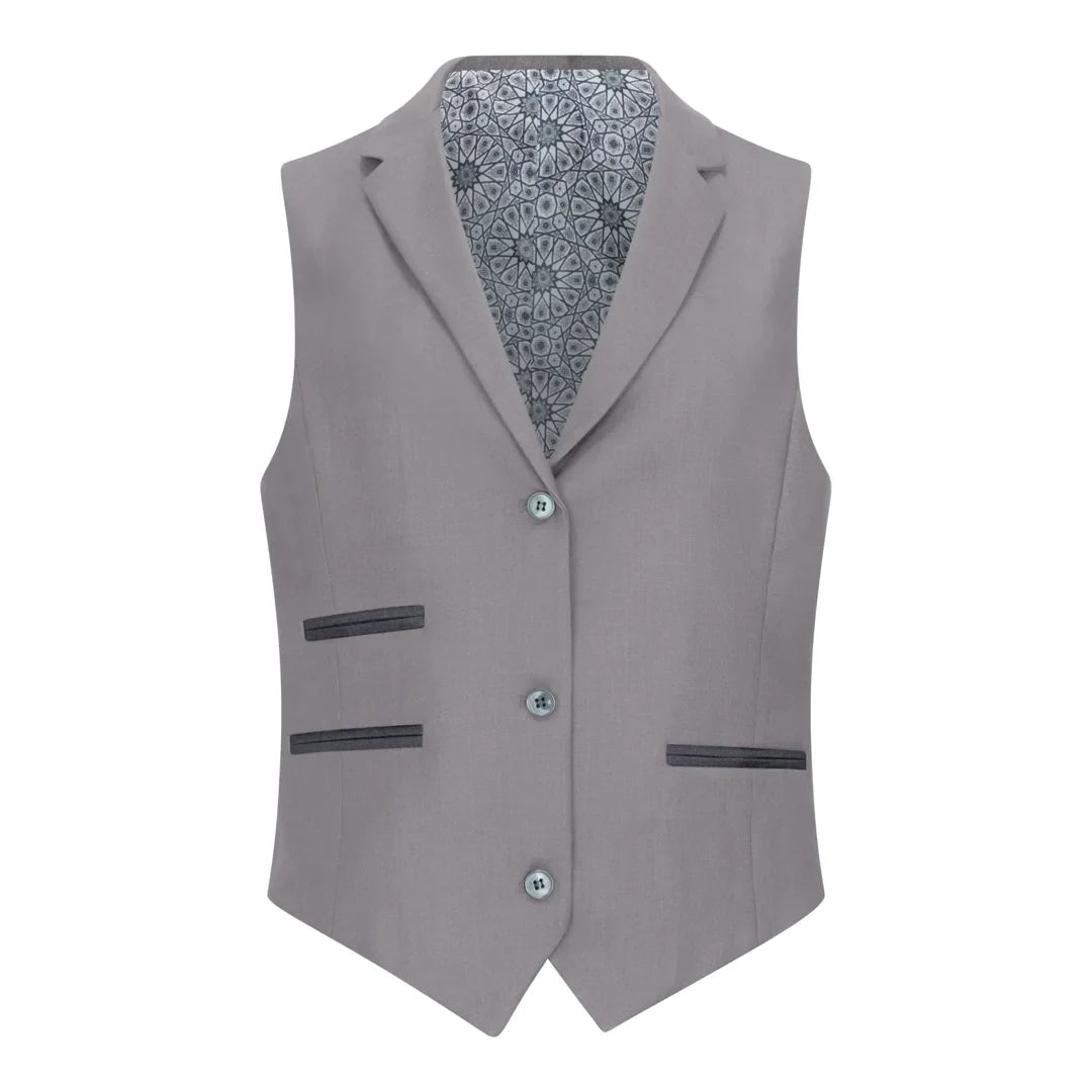 Gray vest with patterned lining on a white background