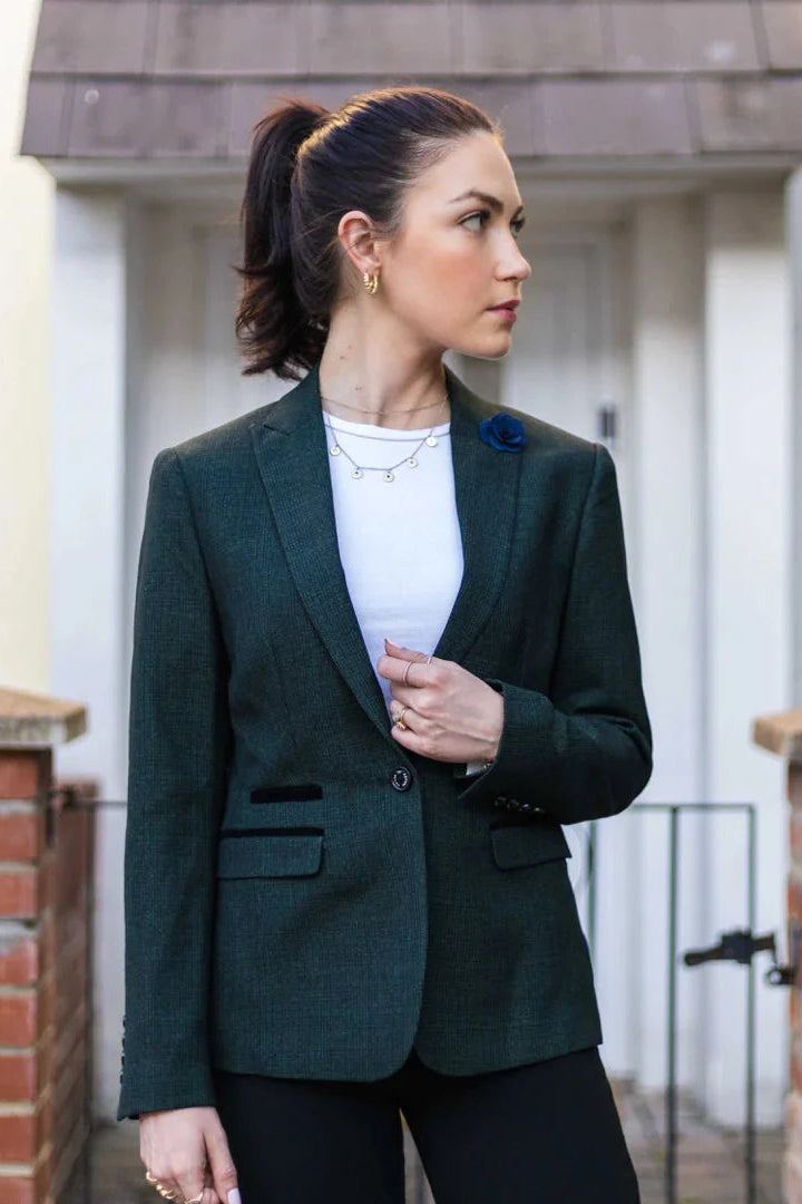 Women's Tweed Green Olive Blazer - Wool Check Classic Jacket (Caridi)
