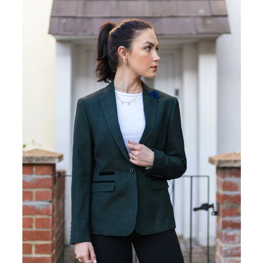 Caridi - Women's Tweed Green Olive Blazer - Wool Check Classic Jacket