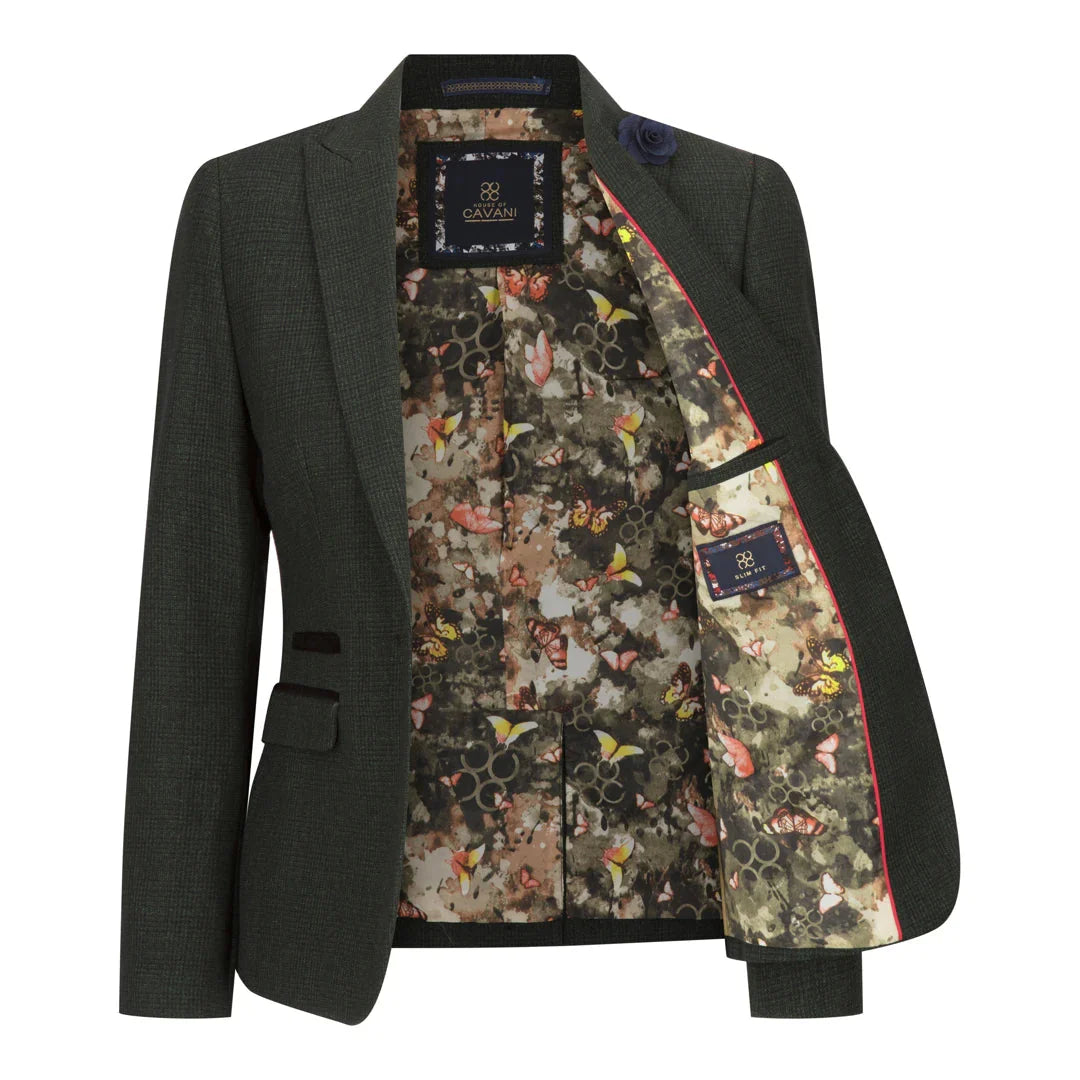 Women's Tweed Green Olive Blazer - Wool Check Classic Jacket (Caridi)