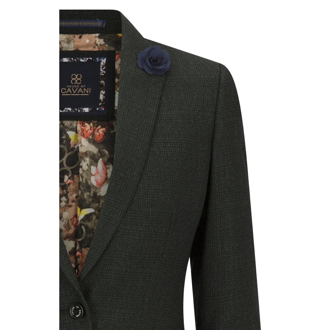 Women's Tweed Green Olive Blazer - Wool Check Classic Jacket (Caridi)