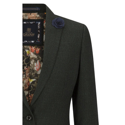 Women's Tweed Green Olive Blazer - Wool Check Classic Jacket (Caridi)