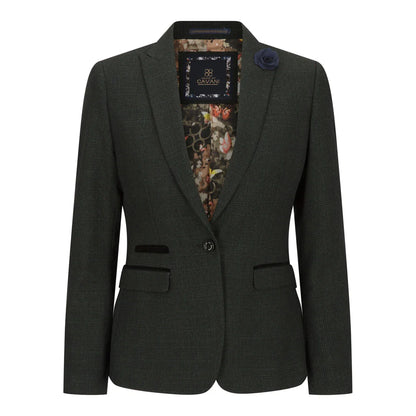 Women's Tweed Green Olive Blazer - Wool Check Classic Jacket (Caridi)